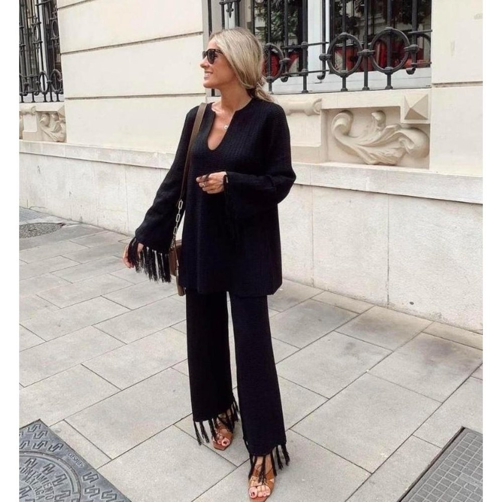 Zara 2 piece Set Fringe Textured Knit Tunic Sweater & Straight Leg Pants Black S